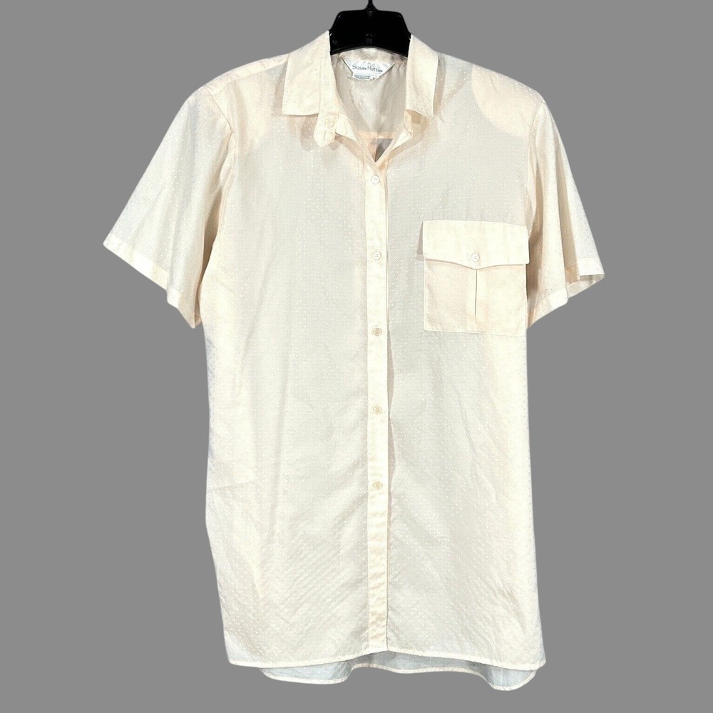 VTG SUSAN HUTTON Thin Satin Peach DIAMOND PRINT Button-Up SHIRT/TOP Blouse 16